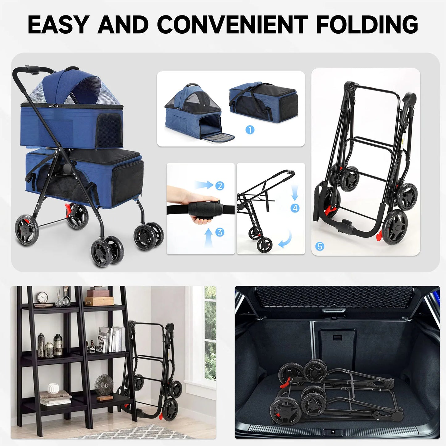 Detachable Double Basket Pet Stroller for Dogs & Cats with One-Touch Fold 6