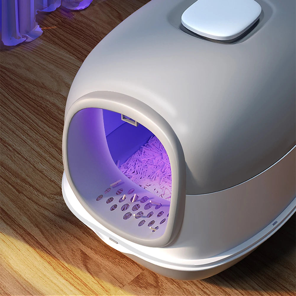 Spacious Enclosed Cat Litter Box with USB-Powered UV Sterilization Lamp & Stable Base