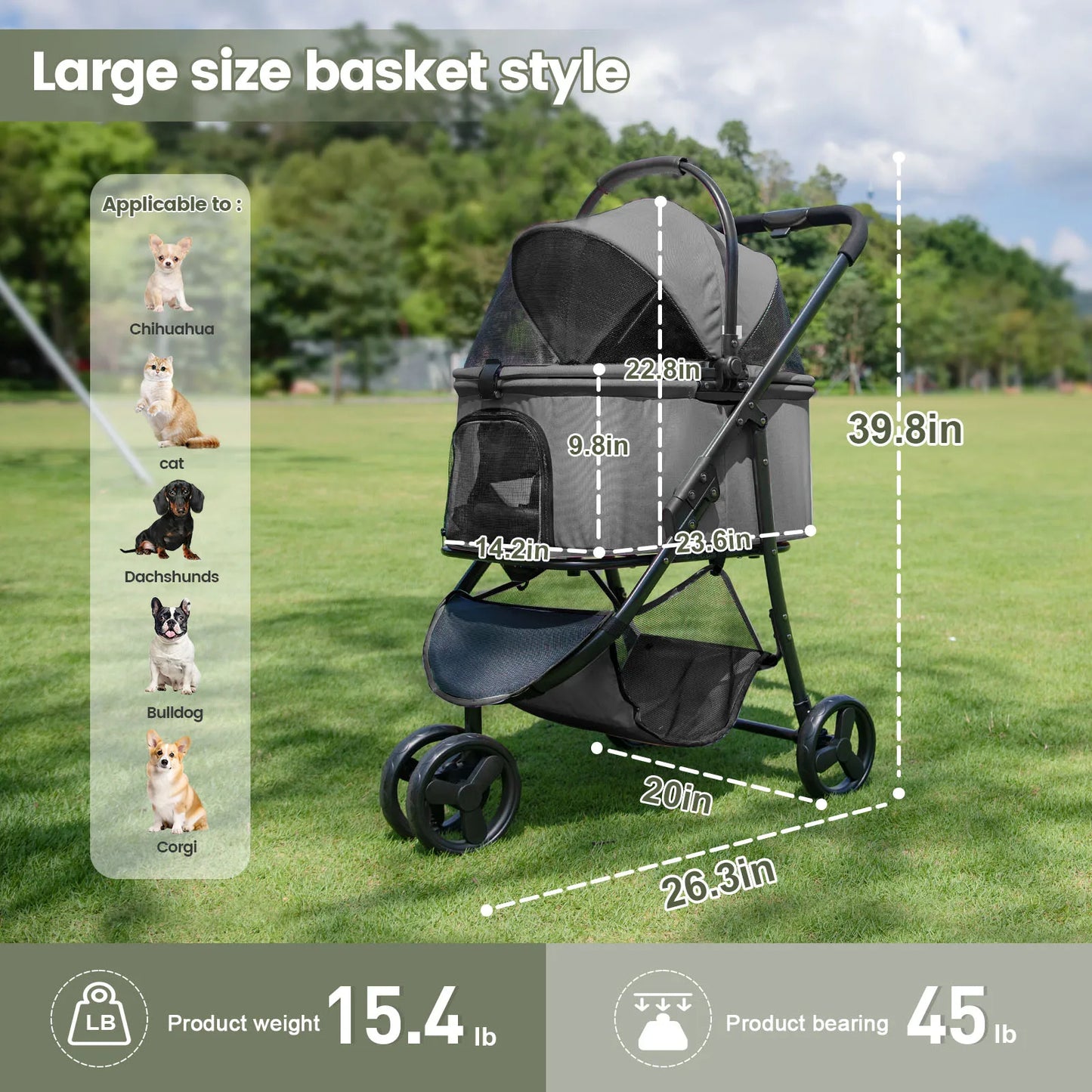 3-In-1 Foldable Dog Stroller with Detachable Carry Basket for Car Travel 8