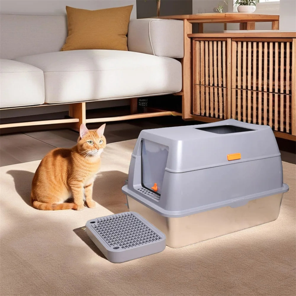 XL High-Sided Stainless Steel Enclosed Cat Litter Box with Step Tray, Scoop & Holder 10