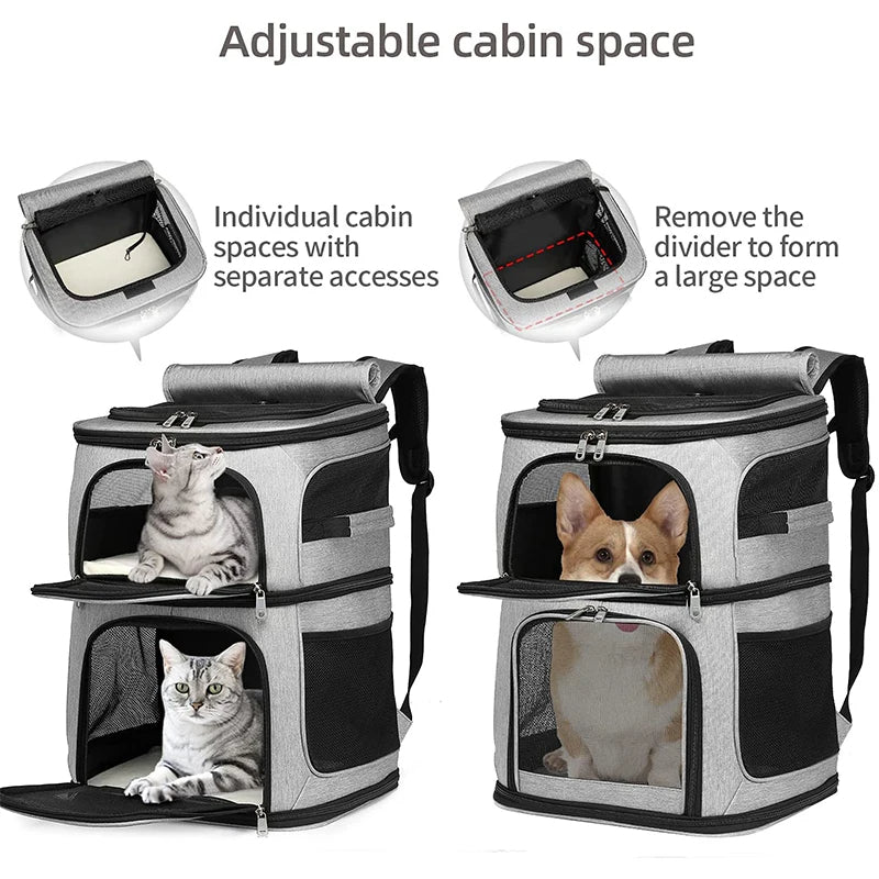 Ventilated Double Pet Carrier Backpack for Cats & Small Dogs with Two Compartments & Multiple Openings 6