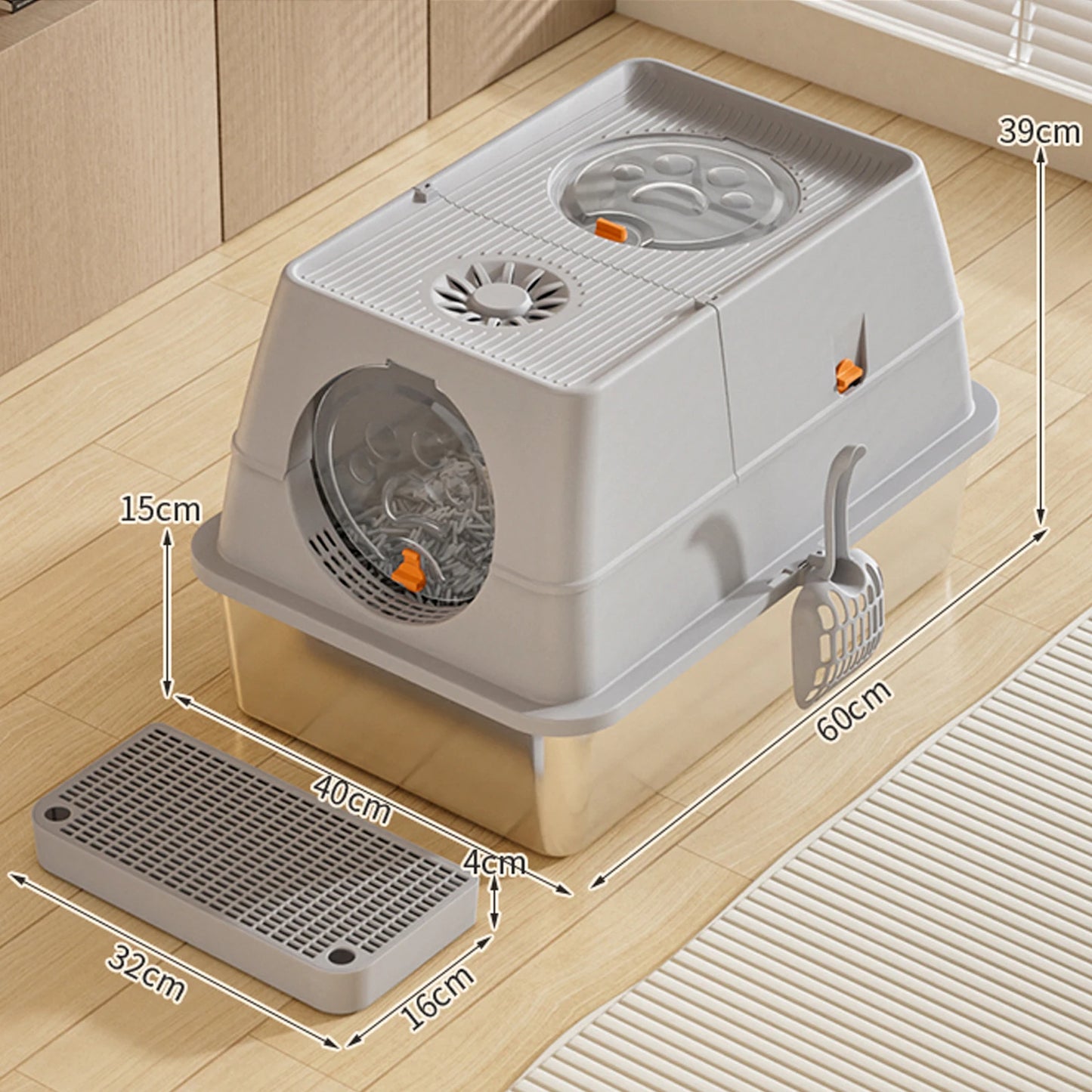 Fully Enclosed Cat Litter Box with Stainless Steel Tray & Easy-Flip Cover | Spill-Board & Scoop Included