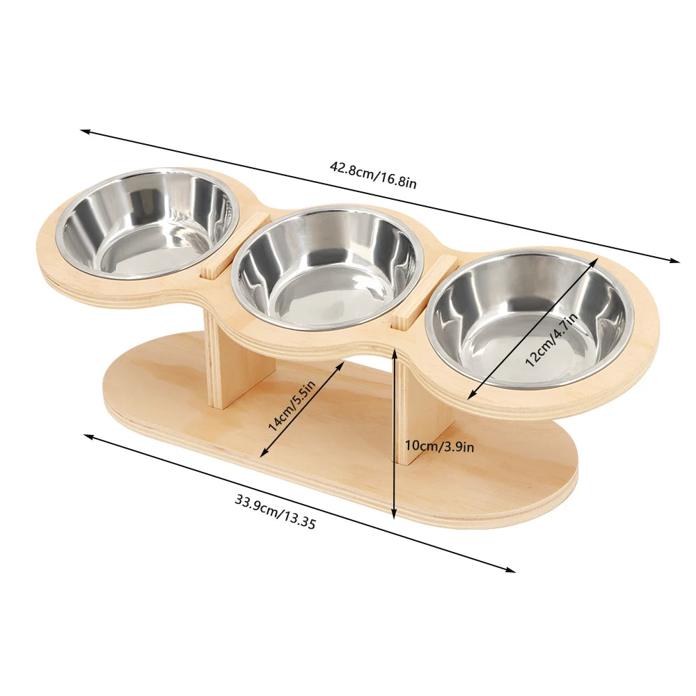 Wooden Tilted & Raised Cat Bowl Stand with 3 Stainless Steel Bowls 7