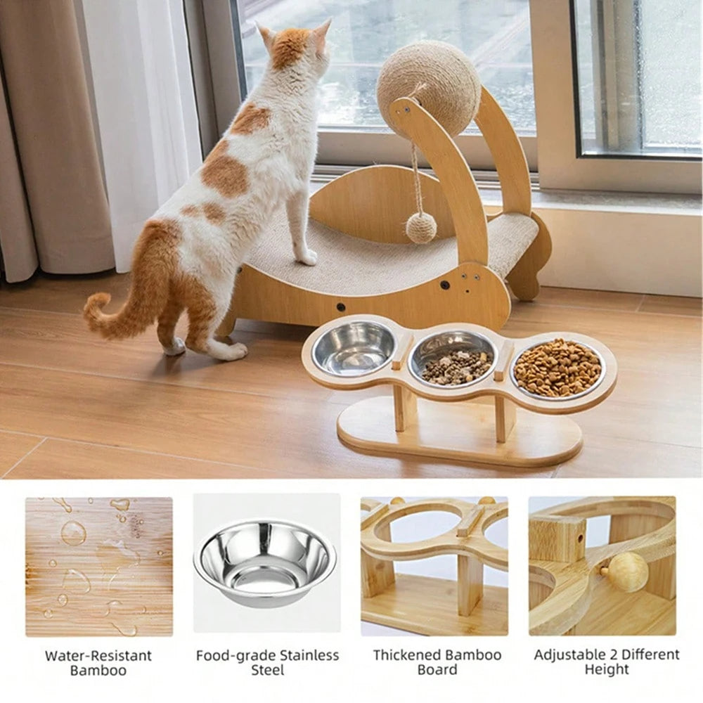 Wooden Tilted & Raised Cat Bowl Stand with 3 Stainless Steel Bowls 5