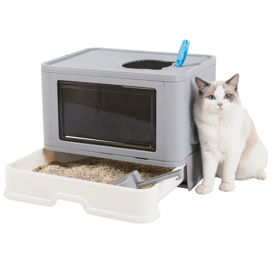 Double Entry & Exit Enclosed Cat Litter Box with Drawer Tray & Scoop 1