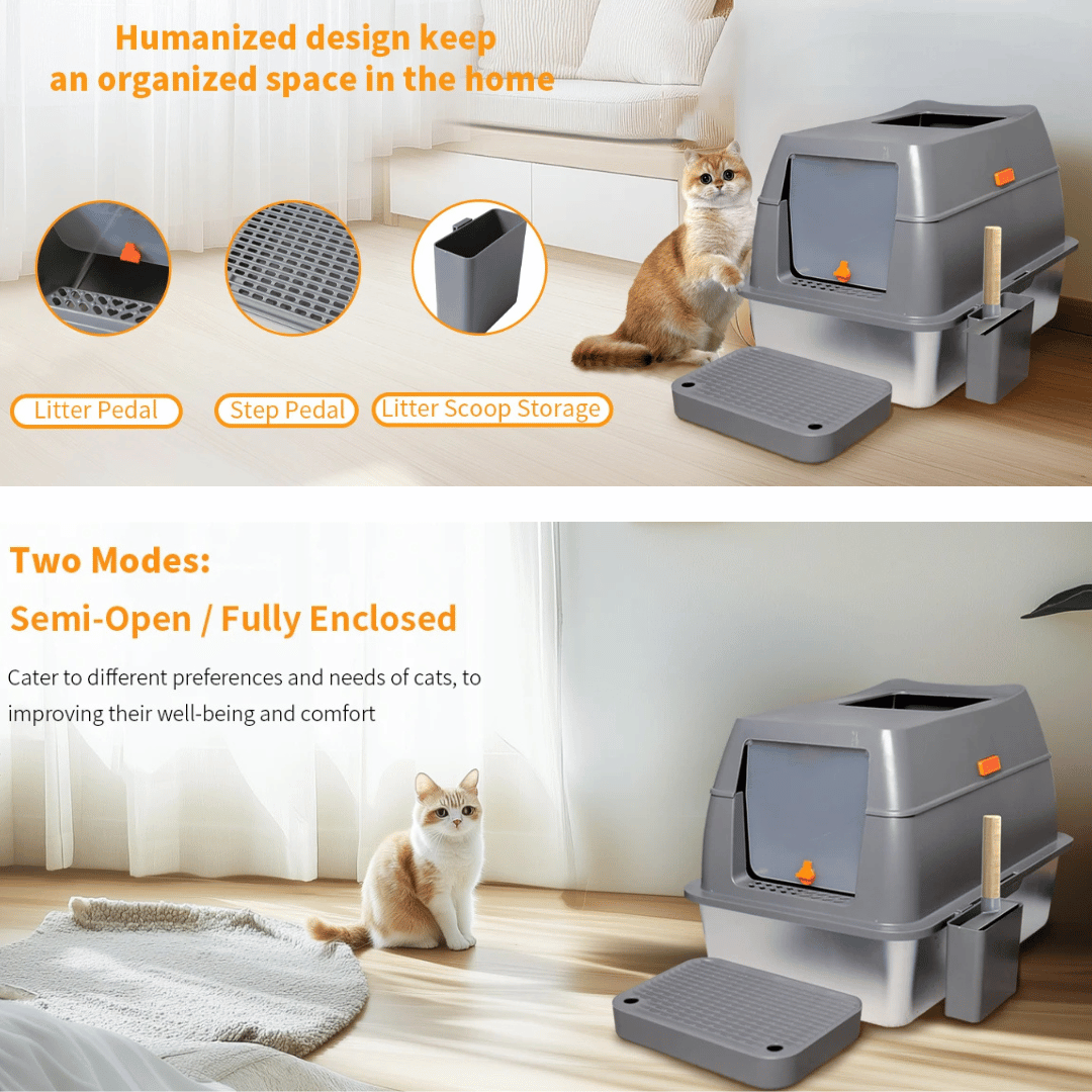 XL High-Sided Stainless Steel Enclosed Cat Litter Box with Step Tray, Scoop & Holder 18