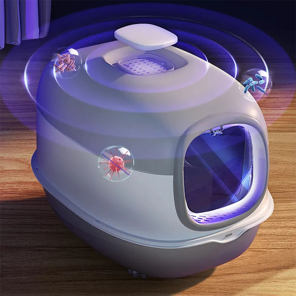 Spacious Enclosed Cat Litter Box with USB-Powered UV Sterilization Lamp & Stable Base