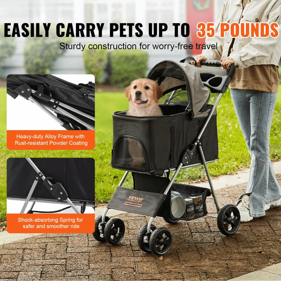 Small Dog 3-In-1 Quick-Folding Dog Stroller with Detachable Carry Basket for Car Travel 2