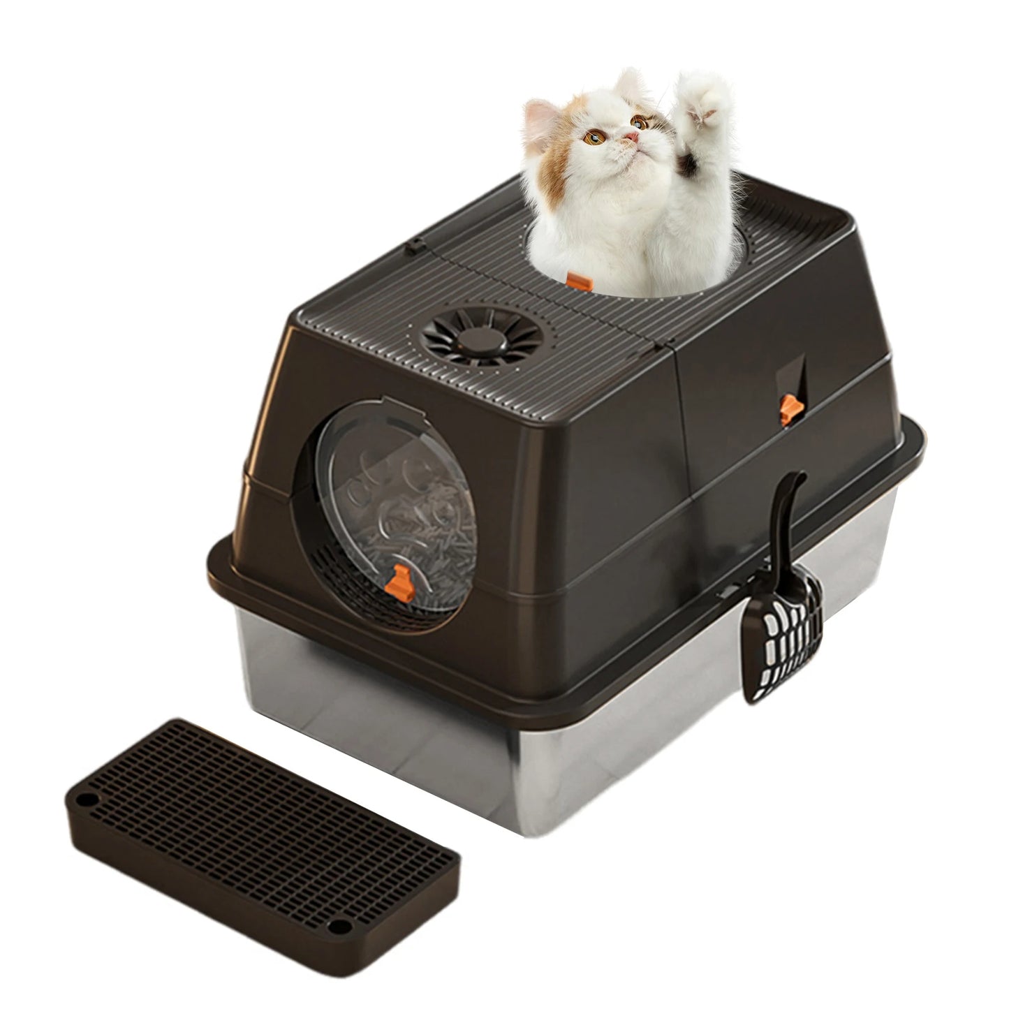 Fully Enclosed Cat Litter Box with Stainless Steel Tray & Easy-Flip Cover | Spill-Board & Scoop Included