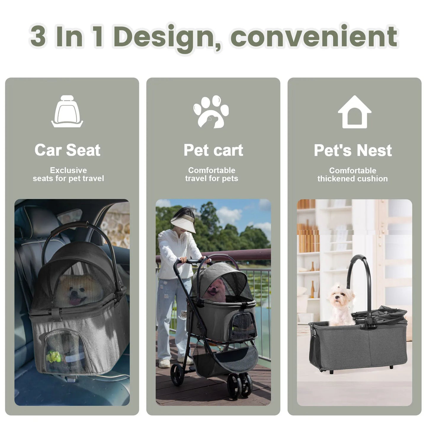 3-In-1 Foldable Dog Stroller with Detachable Carry Basket for Car Travel 7