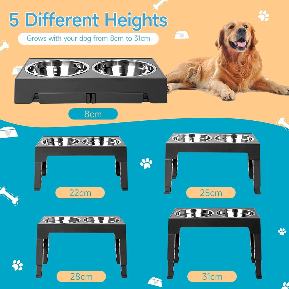 Raised Dog Bowl Stand with Adjustable Tilt & Stainless Steel & Slow-Feeding Bowls 5