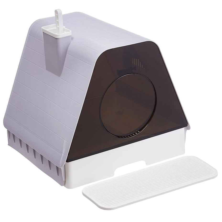 Modern House Enclosed Cat Litter Box with Pull-Out Tray, Mat & Built-In Scoop