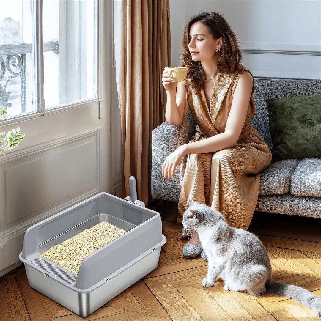 Semi-Enclosed Cat Litter Box with Stainless Steel Tray & Easy Entrance | Scoop Included 5