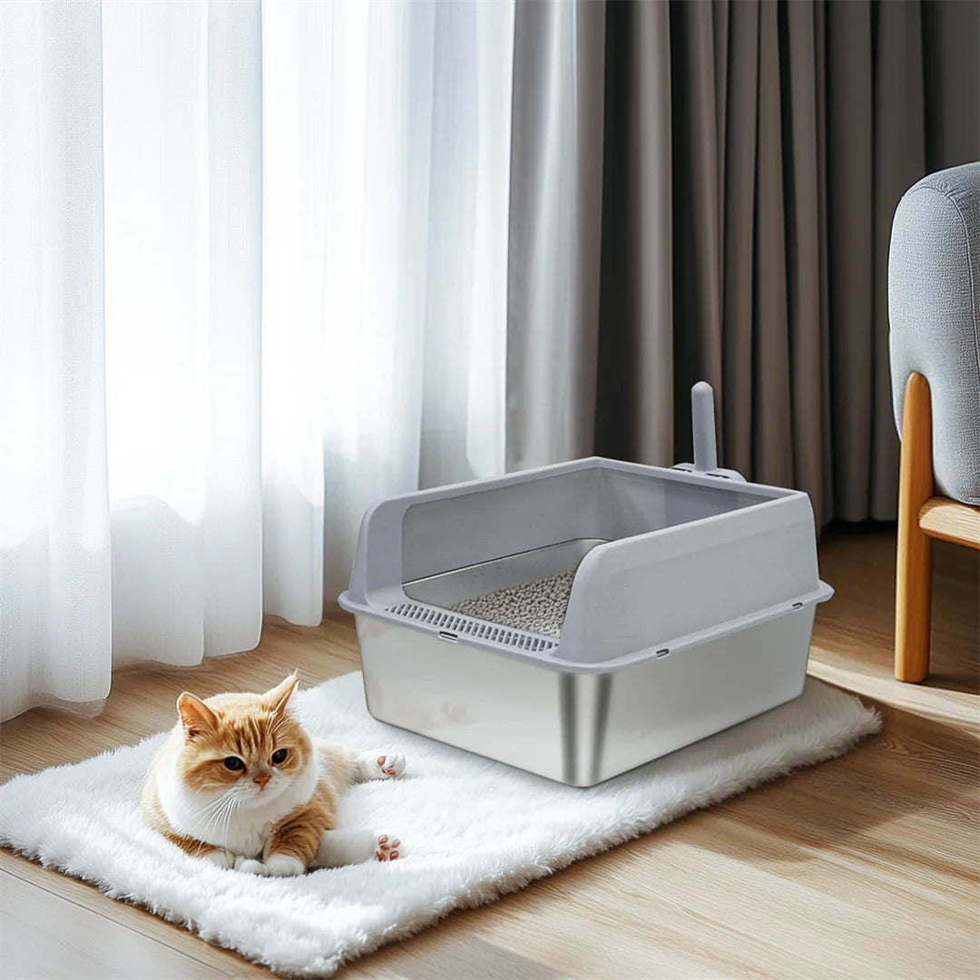 Semi-Enclosed Cat Litter Box with Stainless Steel Tray & Easy Entrance | Scoop Included 2