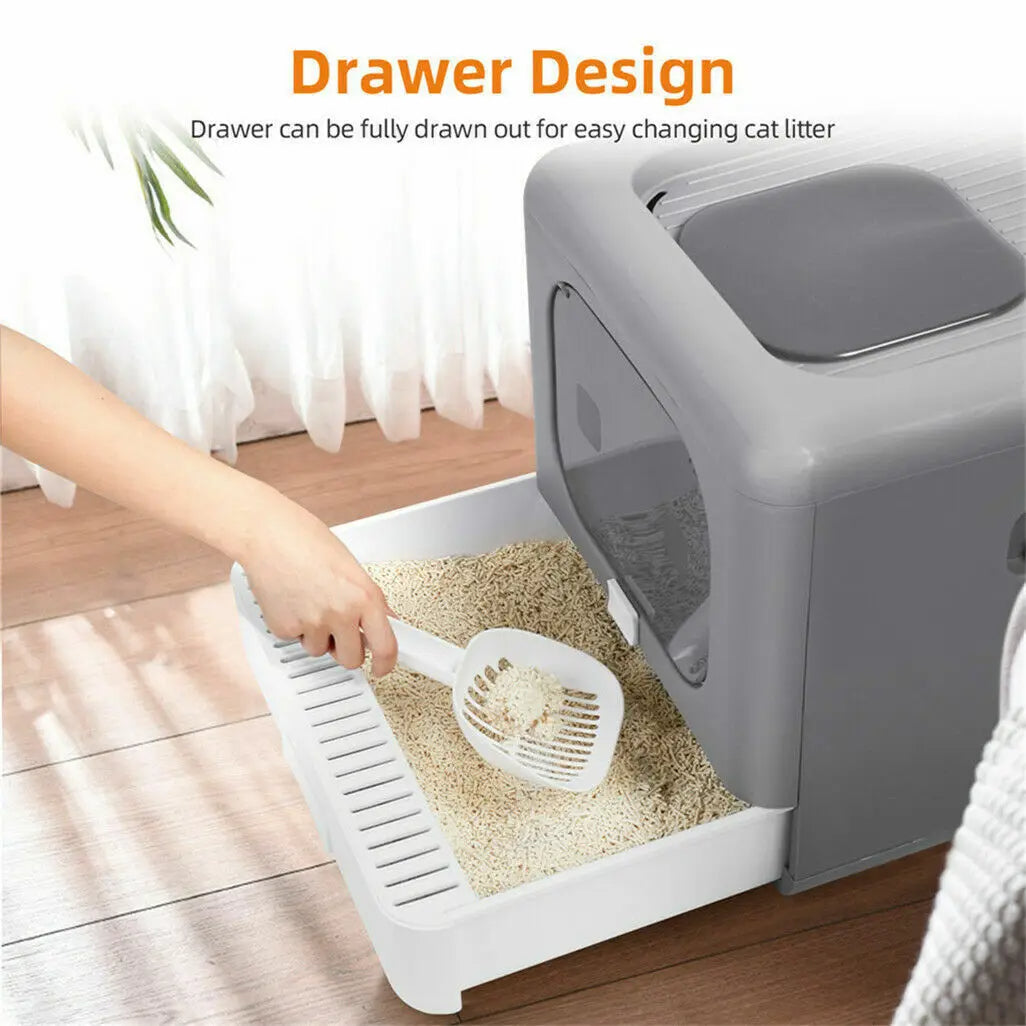 Dual-Entry Enclosed Cat Litter Box with Pull-Out Drawer Tray & Scoop 5