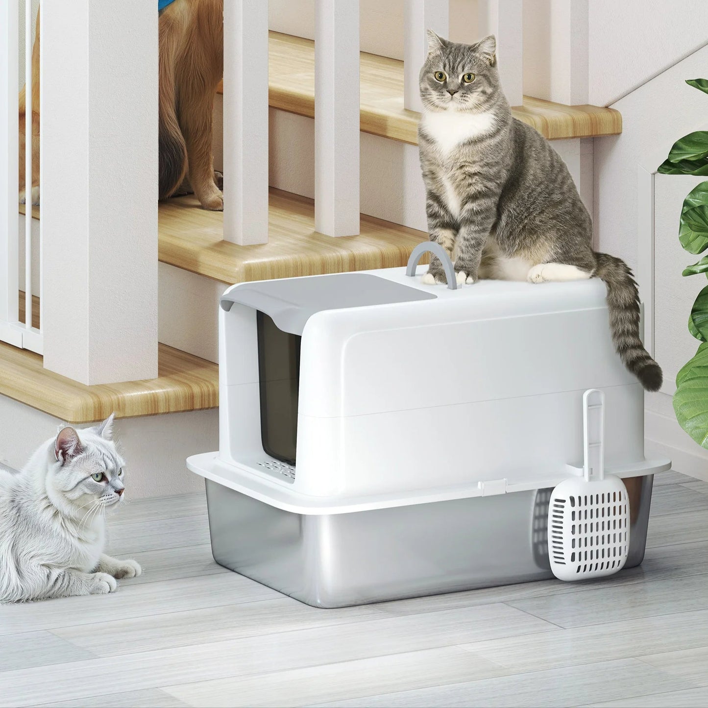 Large Enclosed Cat Litter Box with Removable Stainless Steel Tray, Front Flap, Handle & Scoop
