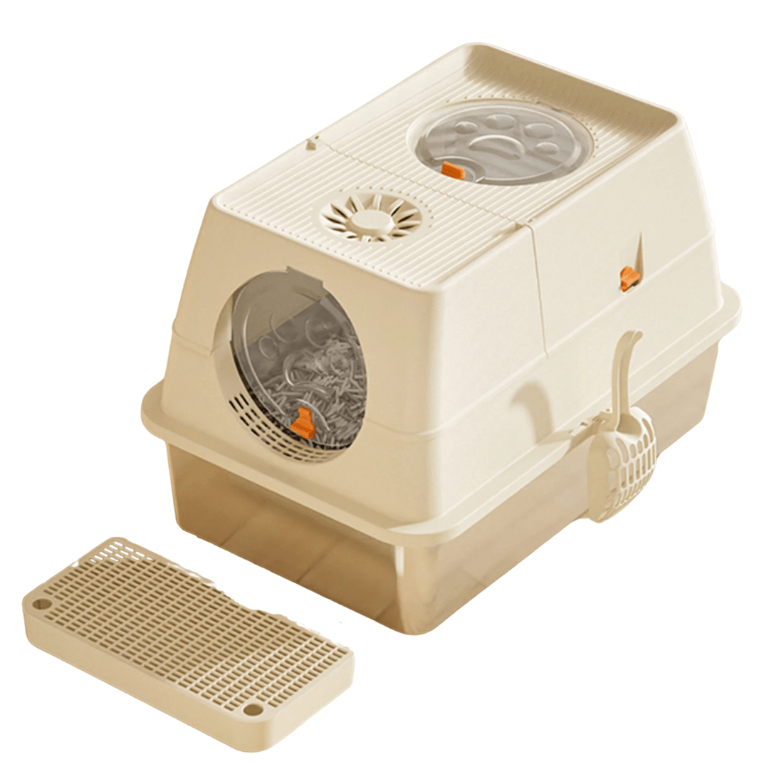 Fully Enclosed Cat Litter Box with Stainless Steel Tray & Easy-Flip Cover | Spill-Board & Scoop Included