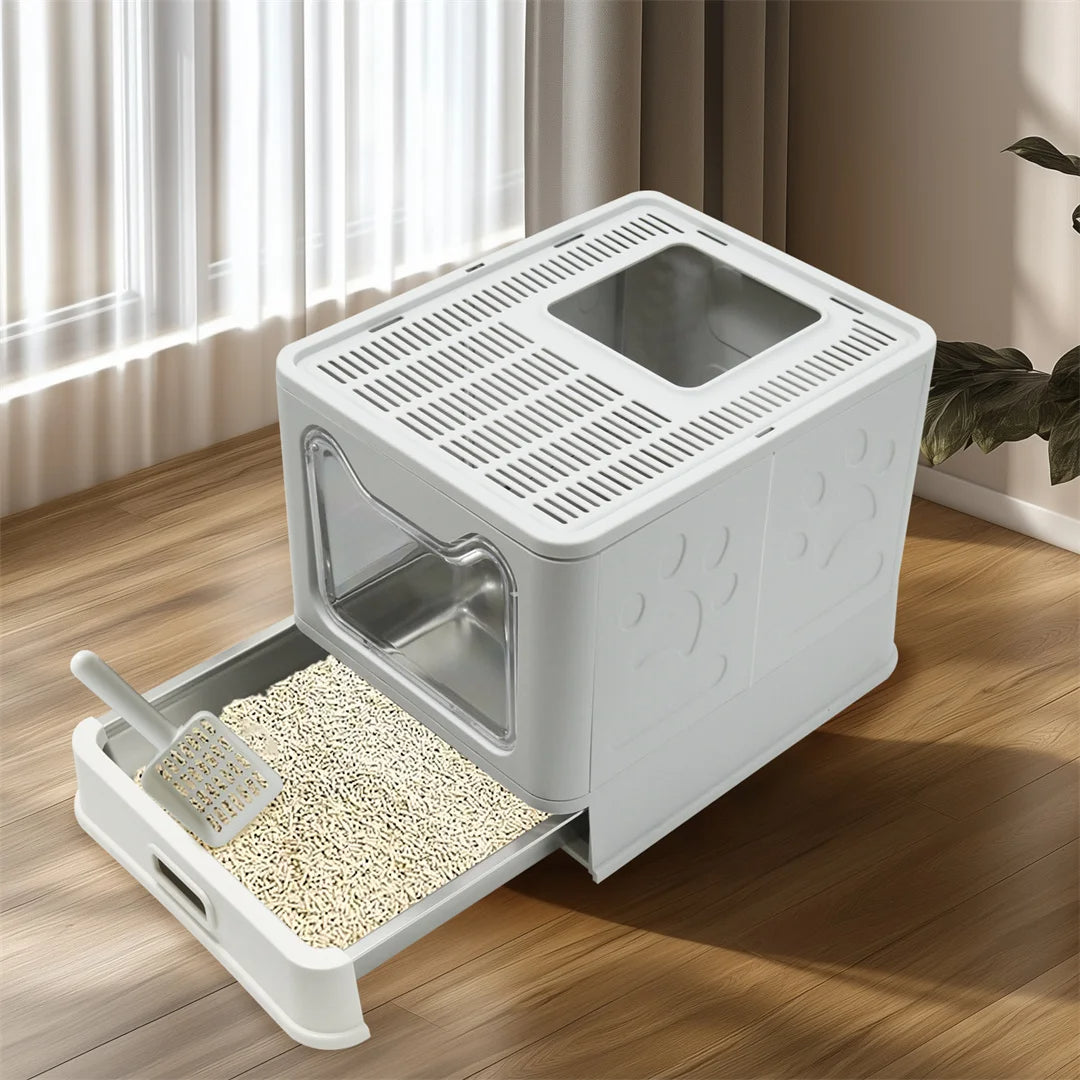 Enclosed Cat Litter Box with Stainless Steel Tray Drawer & Double Entry | Scoop Included 5