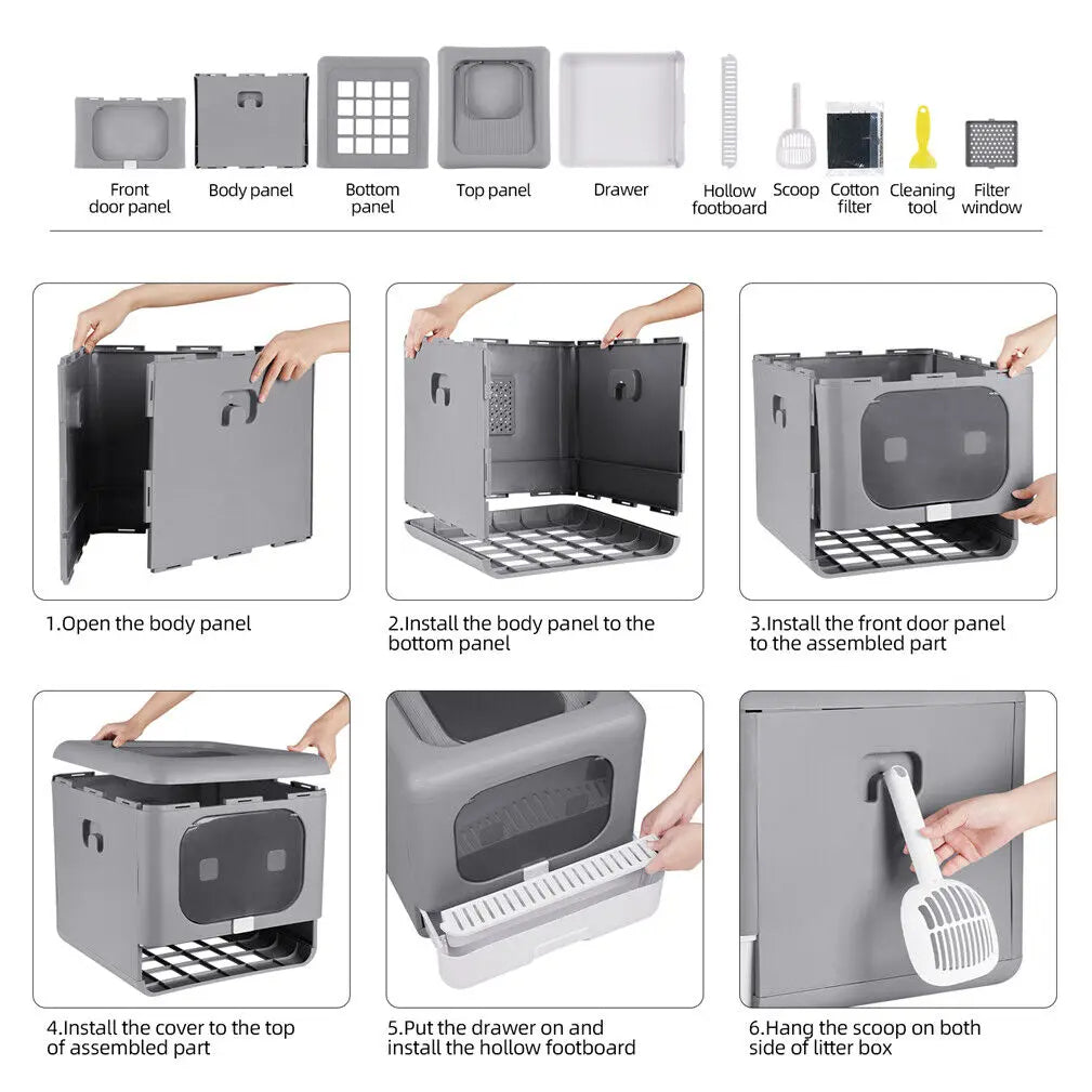 Dual-Entry Enclosed Cat Litter Box with Pull-Out Drawer Tray & Scoop 9