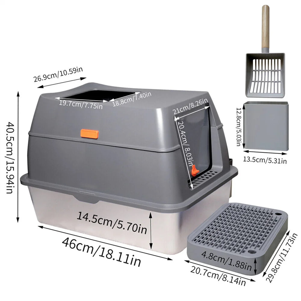 XL High-Sided Stainless Steel Enclosed Cat Litter Box with Step Tray, Scoop & Holder 11