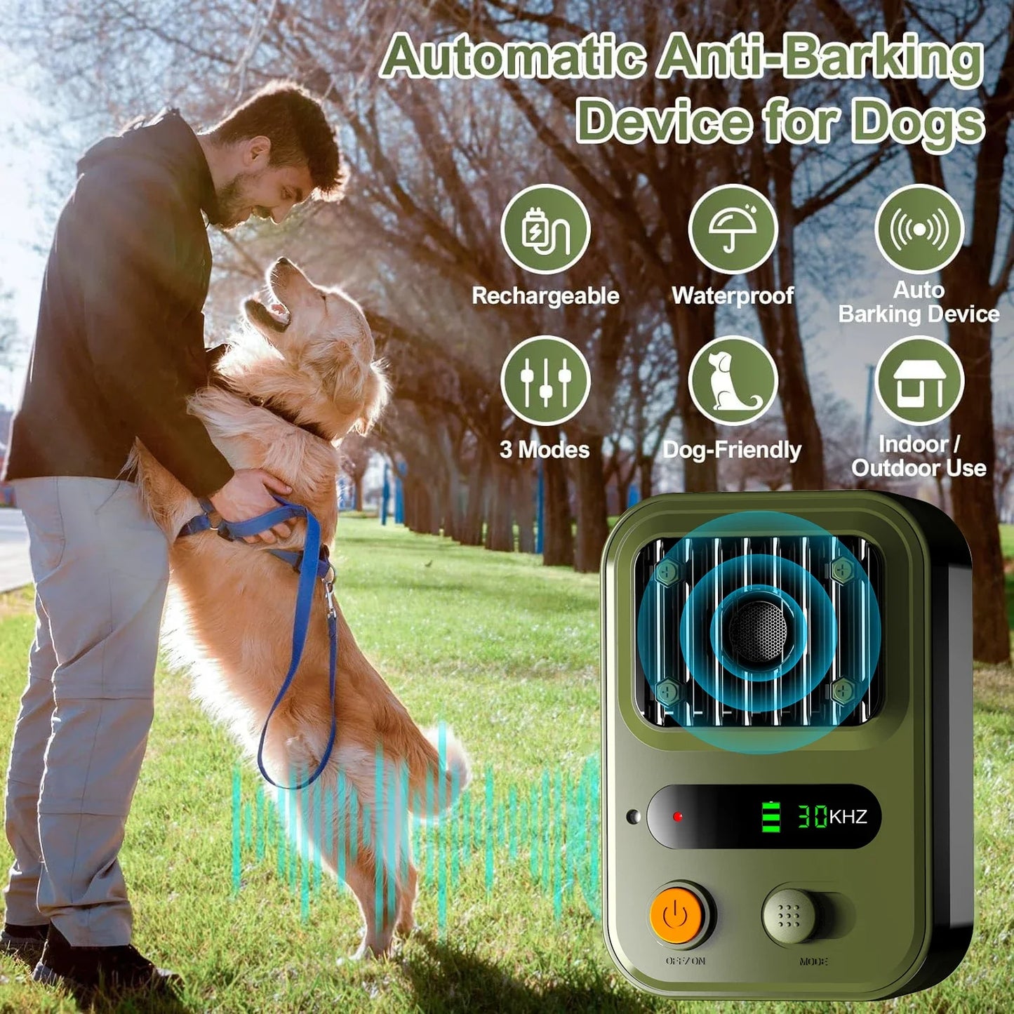 Ultrasonic Dog Bark Deterrent Device | Rechargeable Anti-Barking Device for Indoors & Outdoors