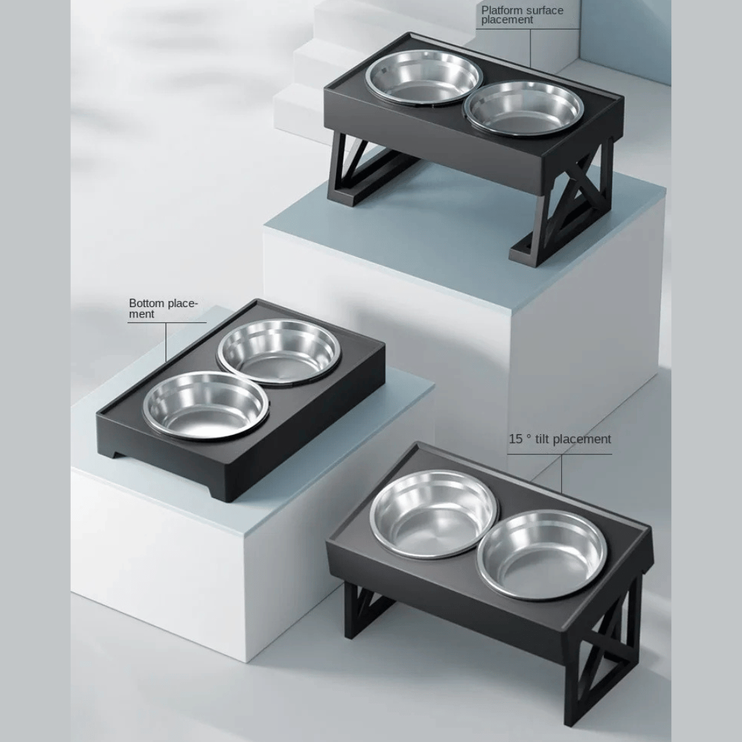 Adjustable Height & Tilt Raised Dog Bowl Stand with Stainless Steel & Slow-Feeding Dog Bowls 16