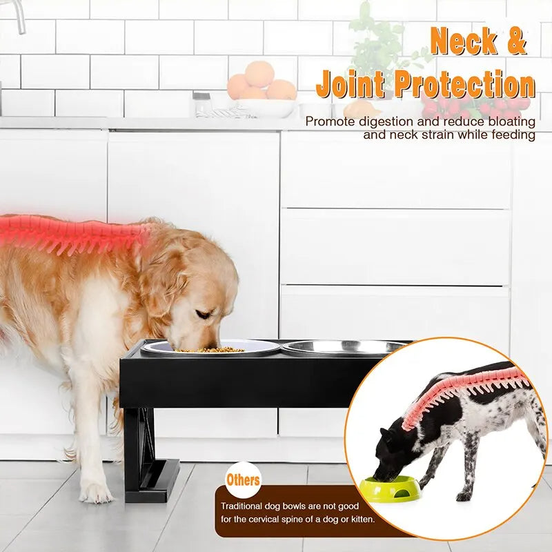 Adjustable Height & Tilt Raised Dog Bowl Stand with Stainless Steel & Slow-Feeding Dog Bowls 10