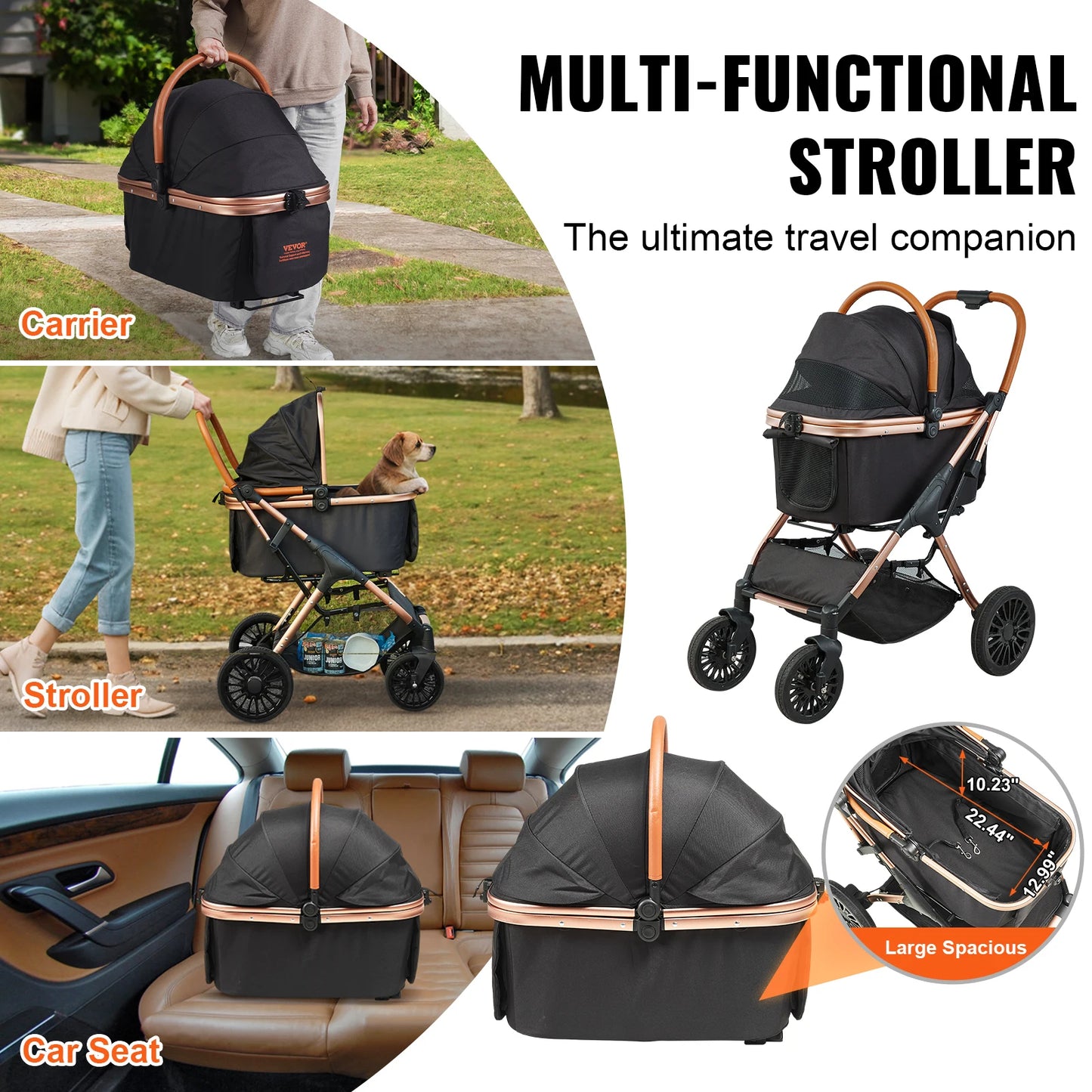 Easy-Fold Dog Stroller with Detachable Carry Basket for Small & Medium Sized Dogs 4