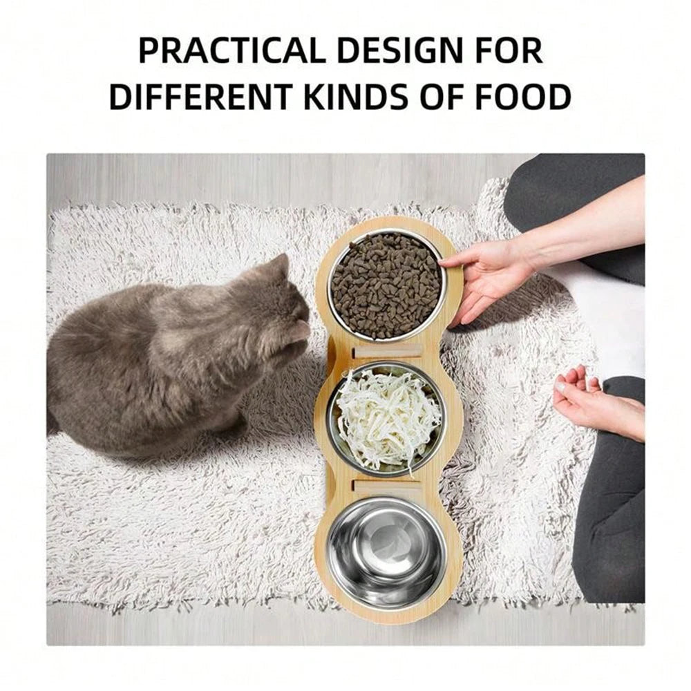 Wooden Tilted & Raised Cat Bowl Stand with 3 Stainless Steel Bowls 4