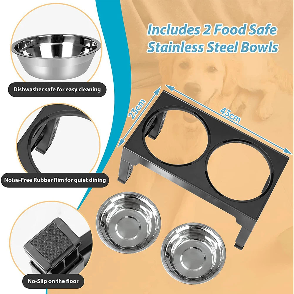Raised Dog Bowl Stand with Adjustable Tilt & Stainless Steel & Slow-Feeding Bowls 4