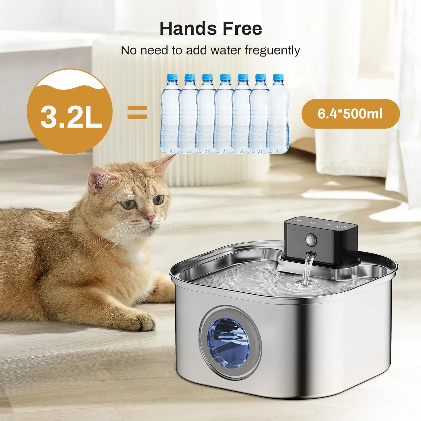 Quiet 3.2L Stainless Steel Cat Water Fountain with Automatic Sensor | USB Rechargeable