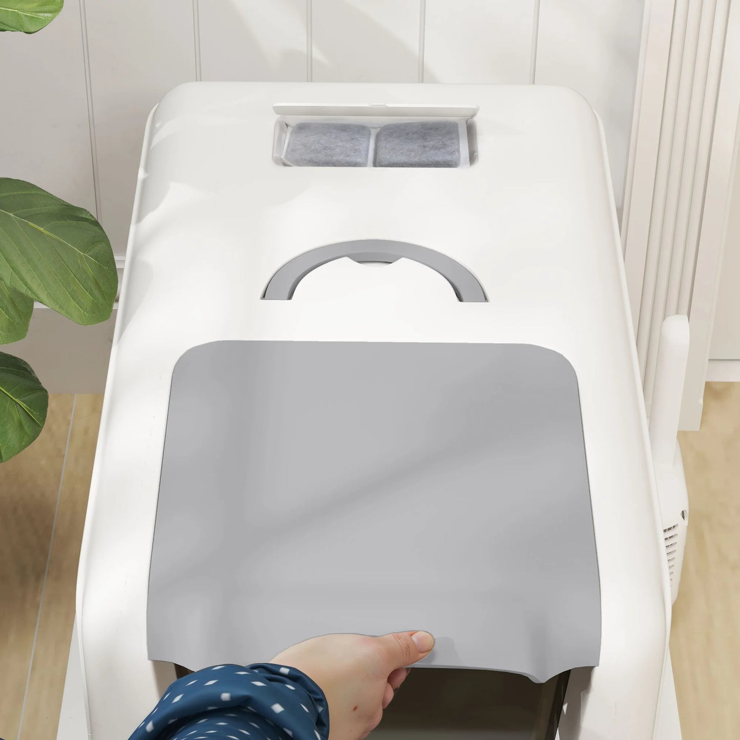 Large Enclosed Cat Litter Box with Removable Stainless Steel Tray, Front Flap, Handle & Scoop