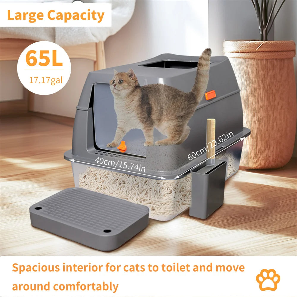 XL High-Sided Stainless Steel Enclosed Cat Litter Box with Step Tray, Scoop & Holder 13