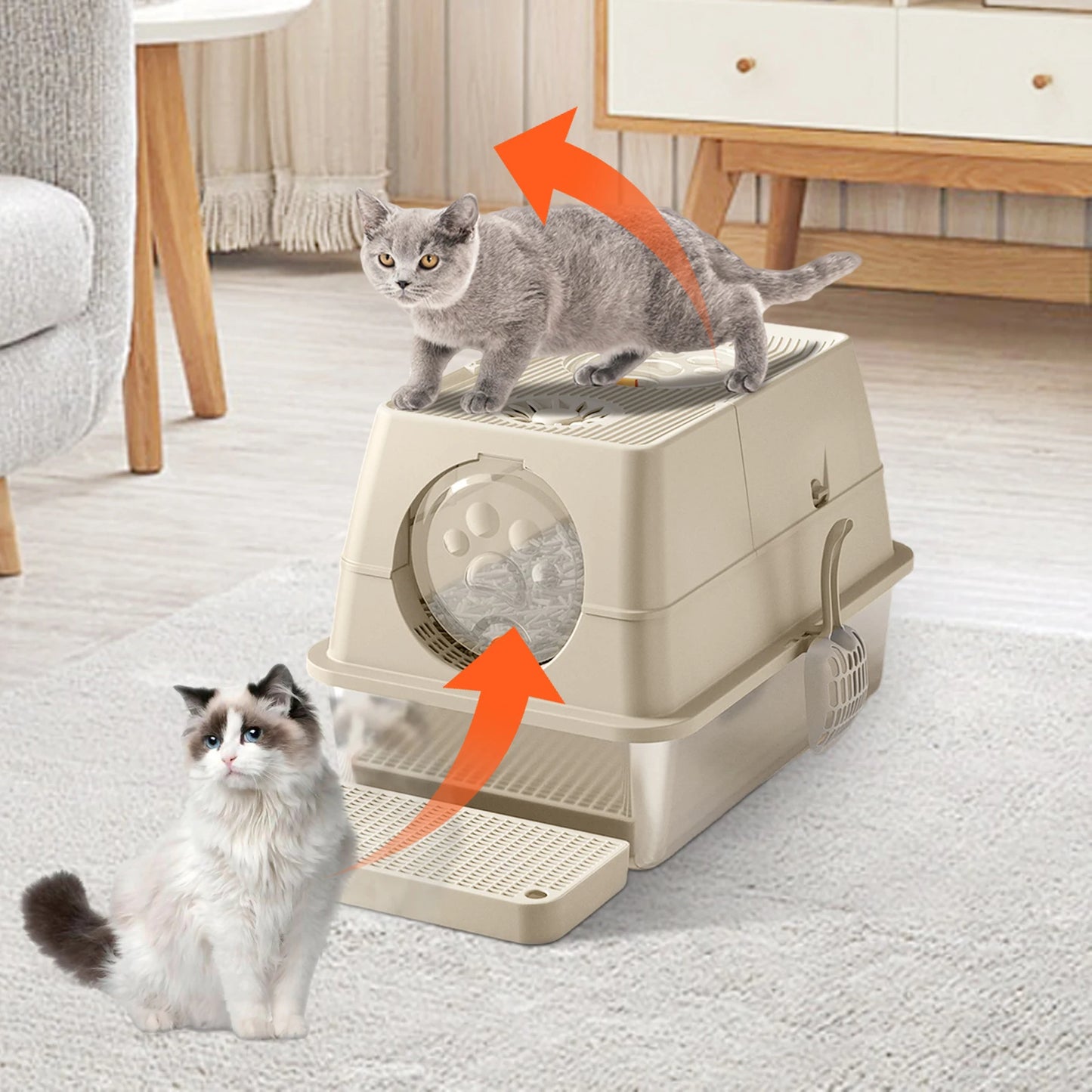 Fully Enclosed Cat Litter Box with Stainless Steel Tray & Easy-Flip Cover | Spill-Board & Scoop Included
