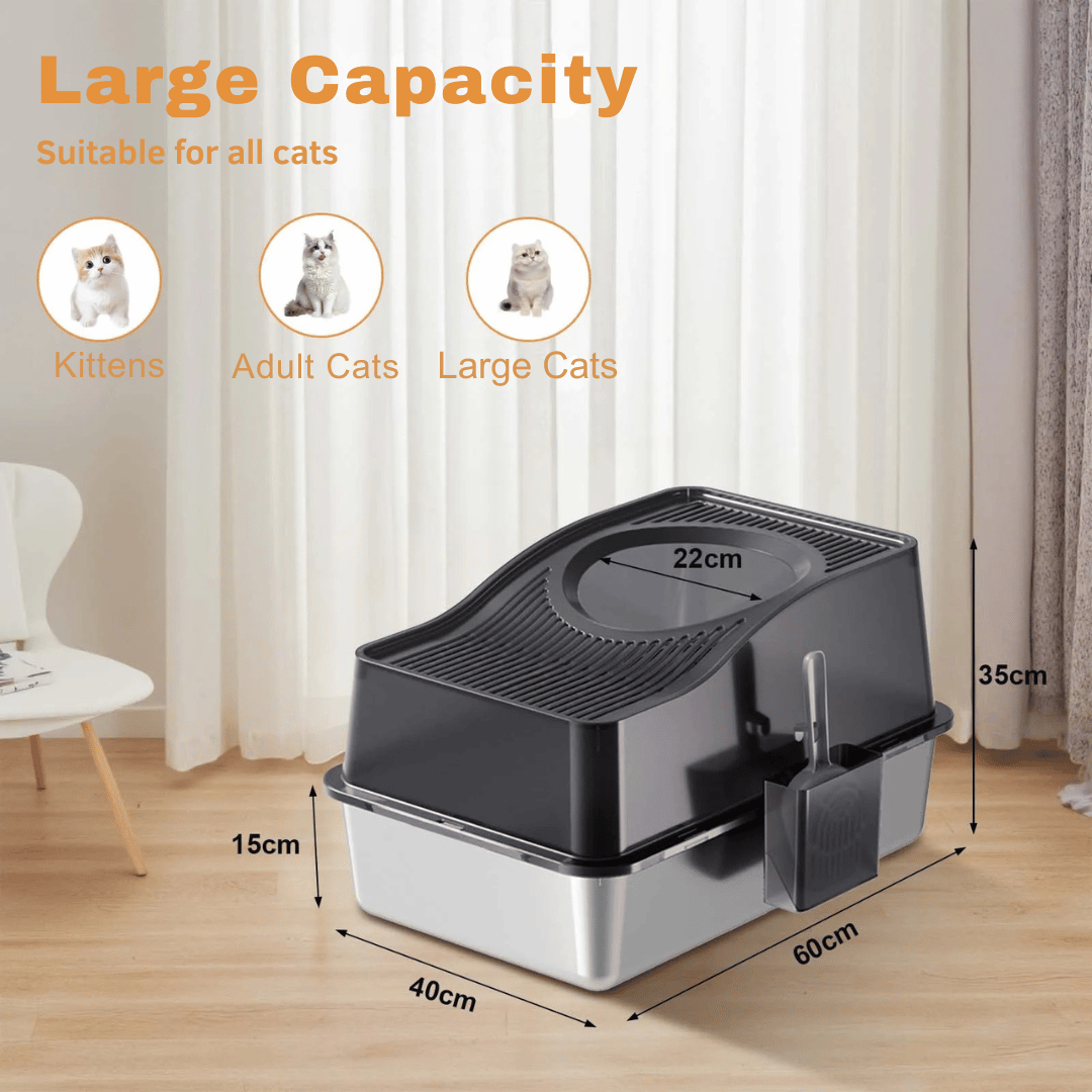 Enclosed Cat Litter Box with Stainless Steel Tray & Removable Top | Scoop & Holder Included 10