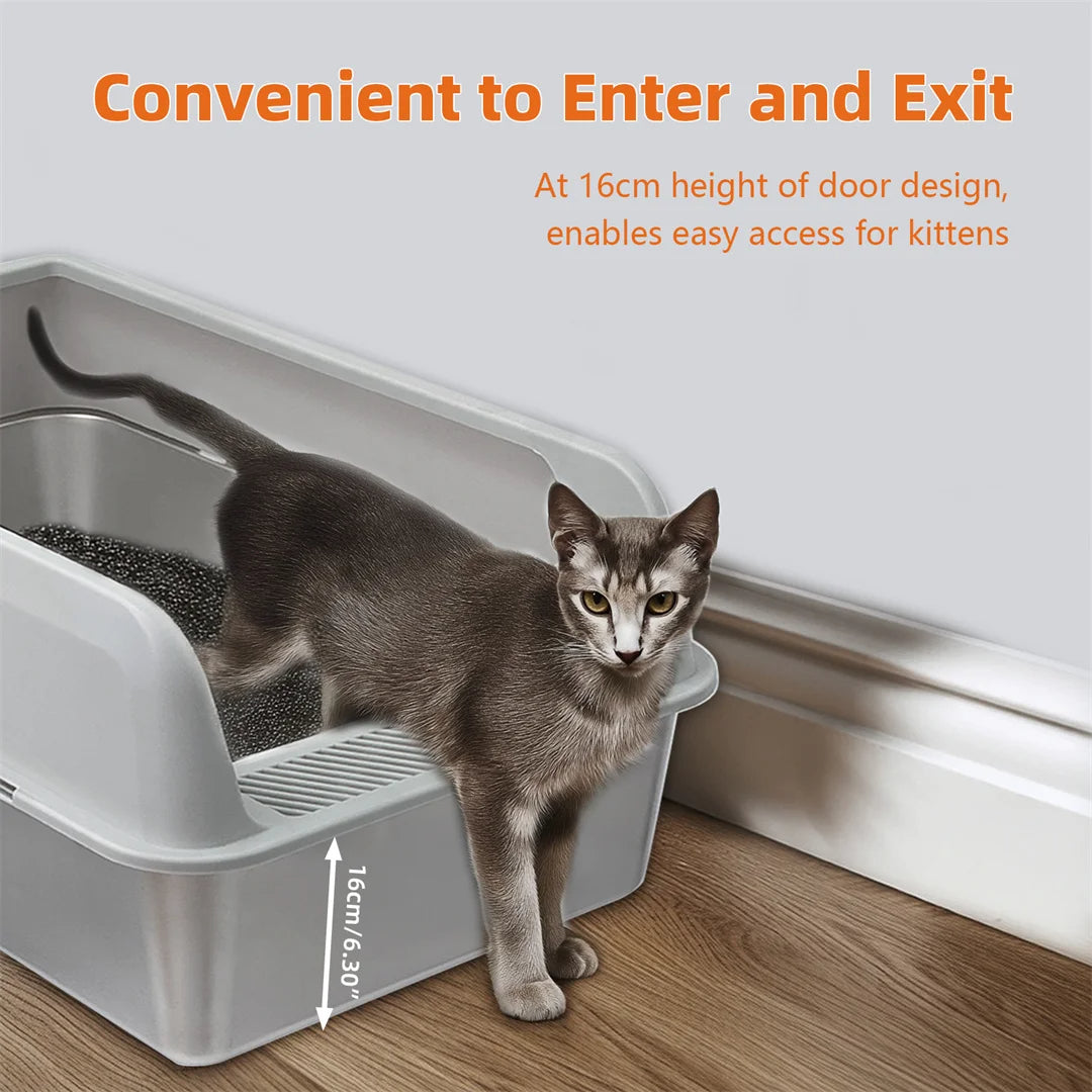 Semi-Enclosed Cat Litter Box with Stainless Steel Tray & Easy Entrance | Scoop Included 3