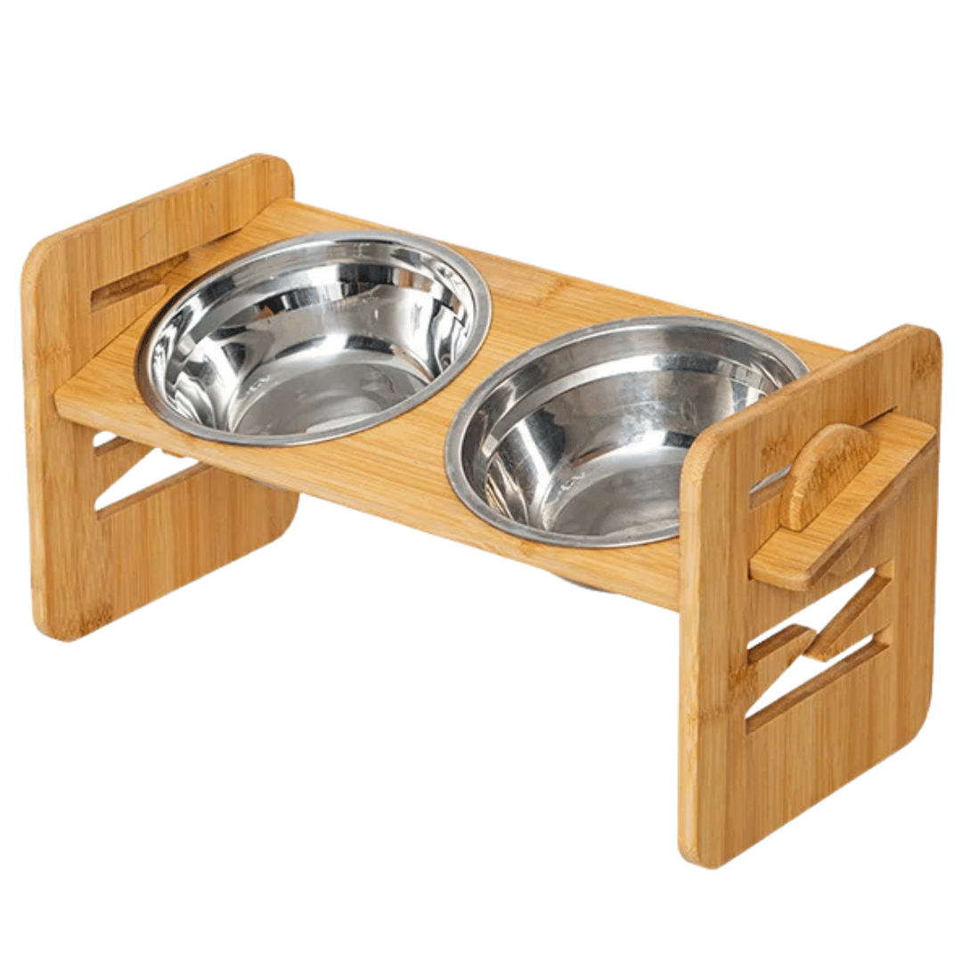 Wooden Adjustable Pet Feeding Station with Custom Height & Tilt for Small Dogs & Cats | Includes 2 Stainless Steel Dog Bowls 2