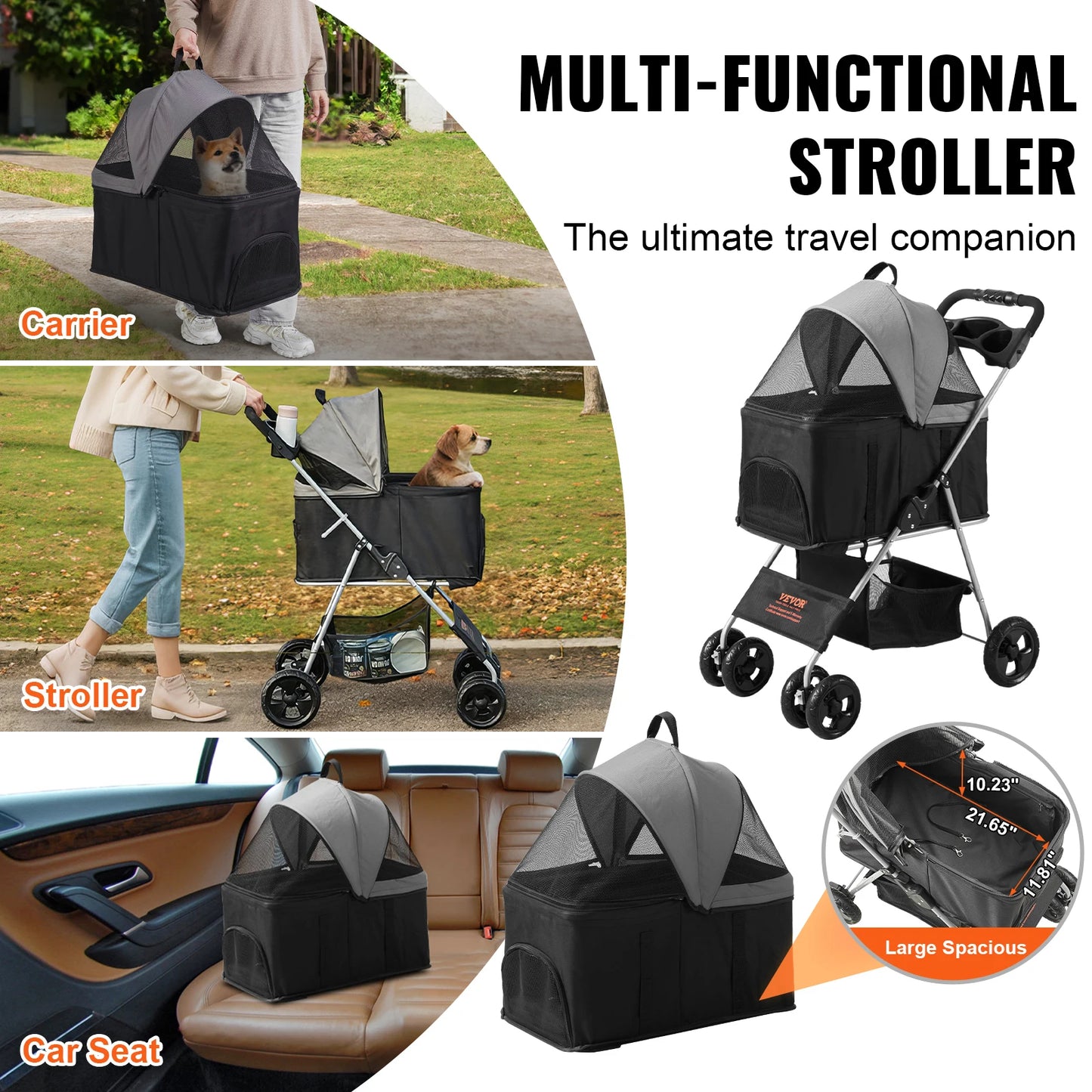 Small Dog 3-In-1 Quick-Folding Dog Stroller with Detachable Carry Basket for Car Travel 4