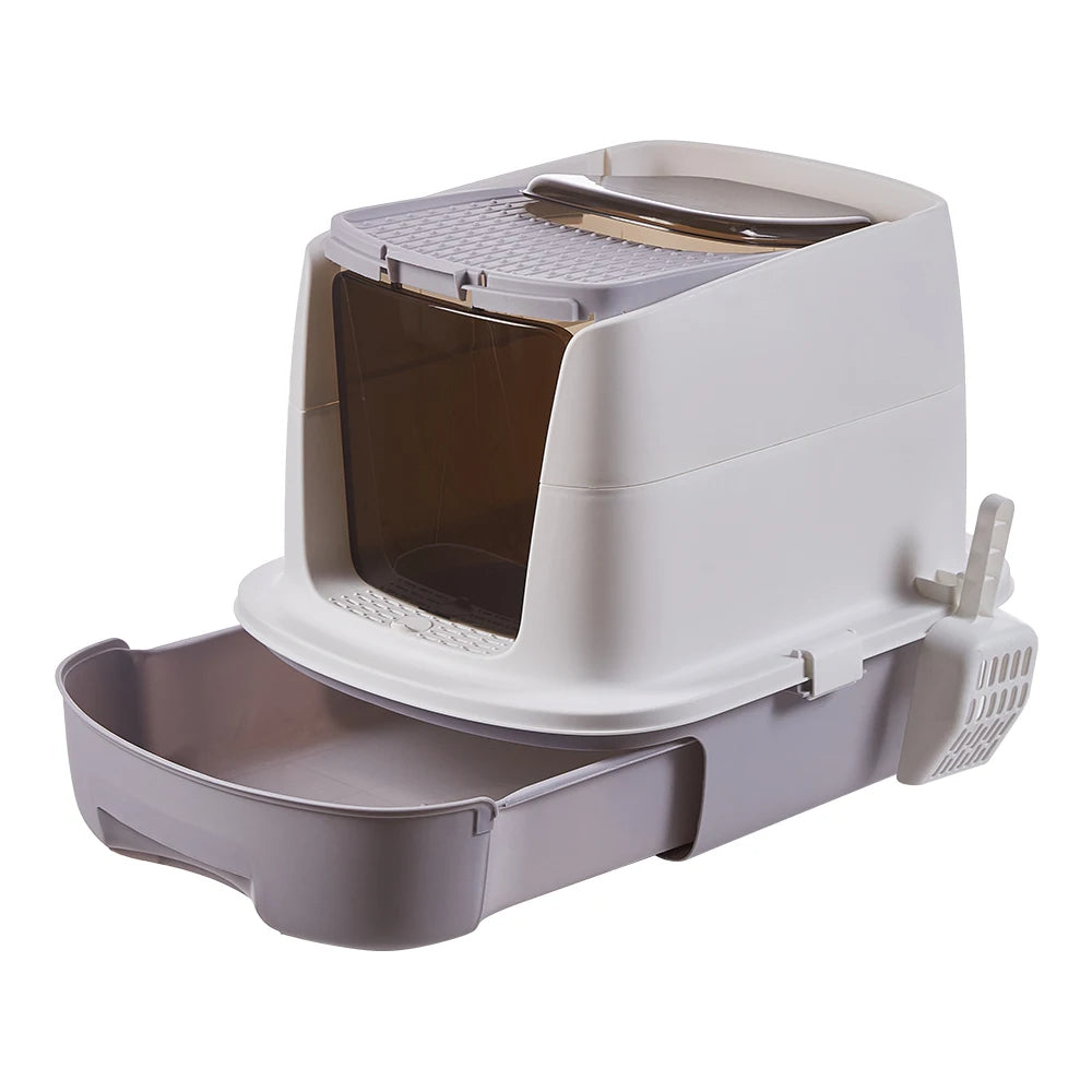 Spacious Enclosed Cat Litter Box with Flexible Lid Postioning & Pull-Out Tray 3