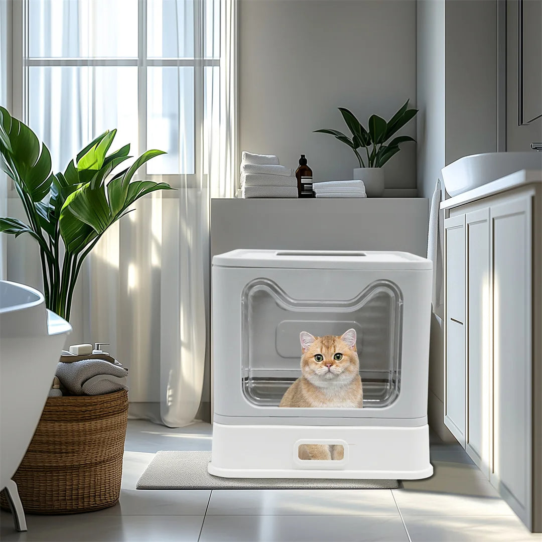 Enclosed Cat Litter Box with Stainless Steel Tray Drawer & Double Entry | Scoop Included 4