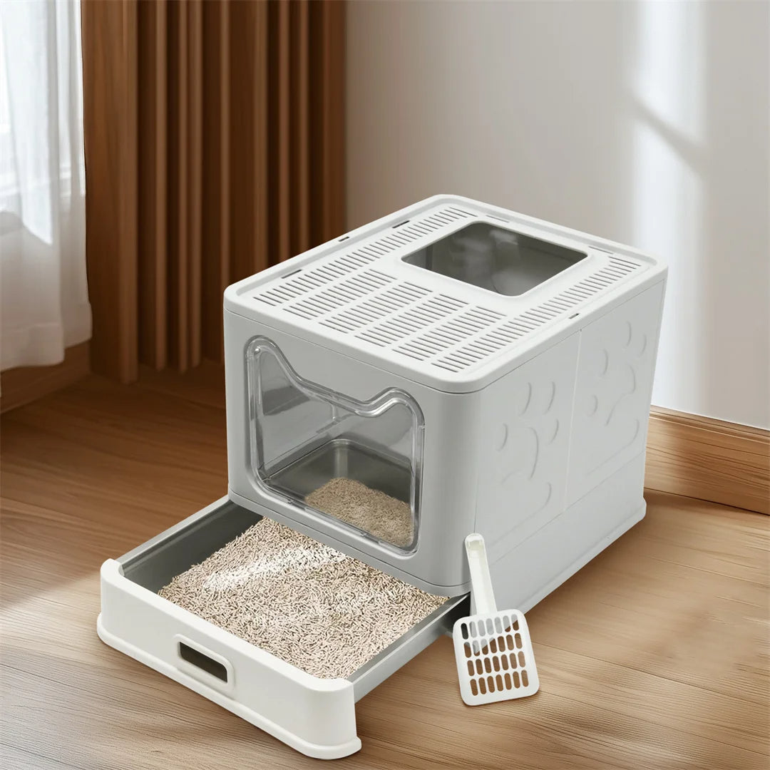 Enclosed Cat Litter Box with Stainless Steel Tray Drawer & Double Entry | Scoop Included 9