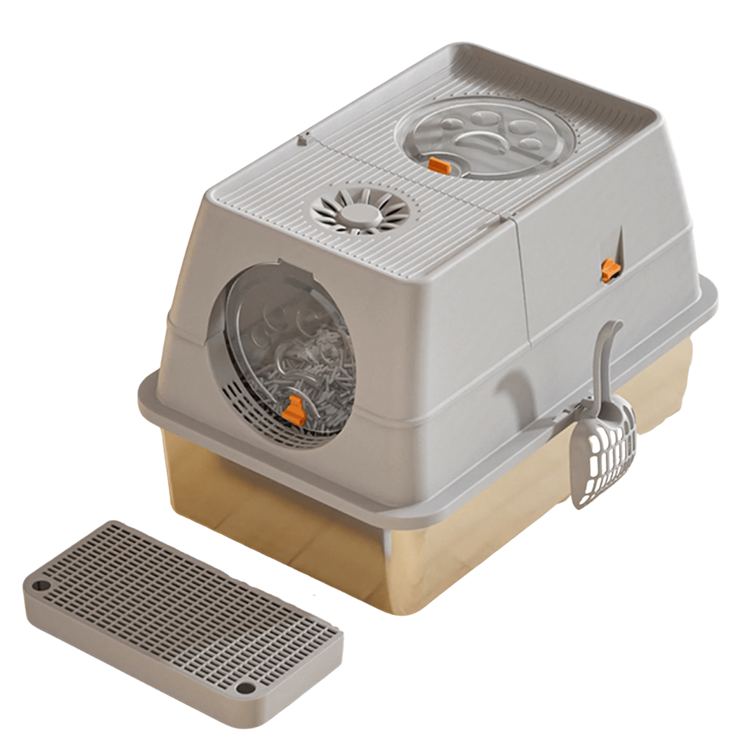 Fully Enclosed Cat Litter Box with Stainless Steel Tray & Easy-Flip Cover | Spill-Board & Scoop Included