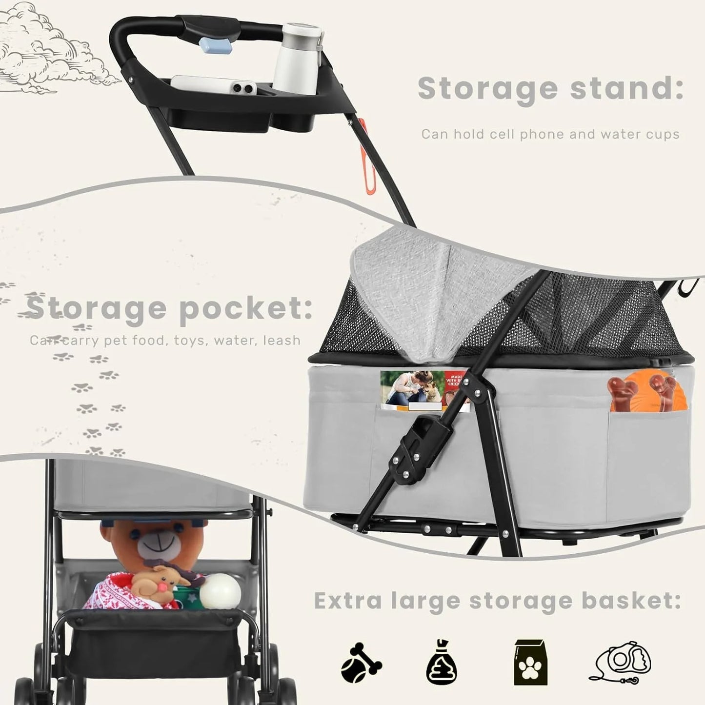 Foldable Dog Pushchair with Spacious Basket & Storage 6