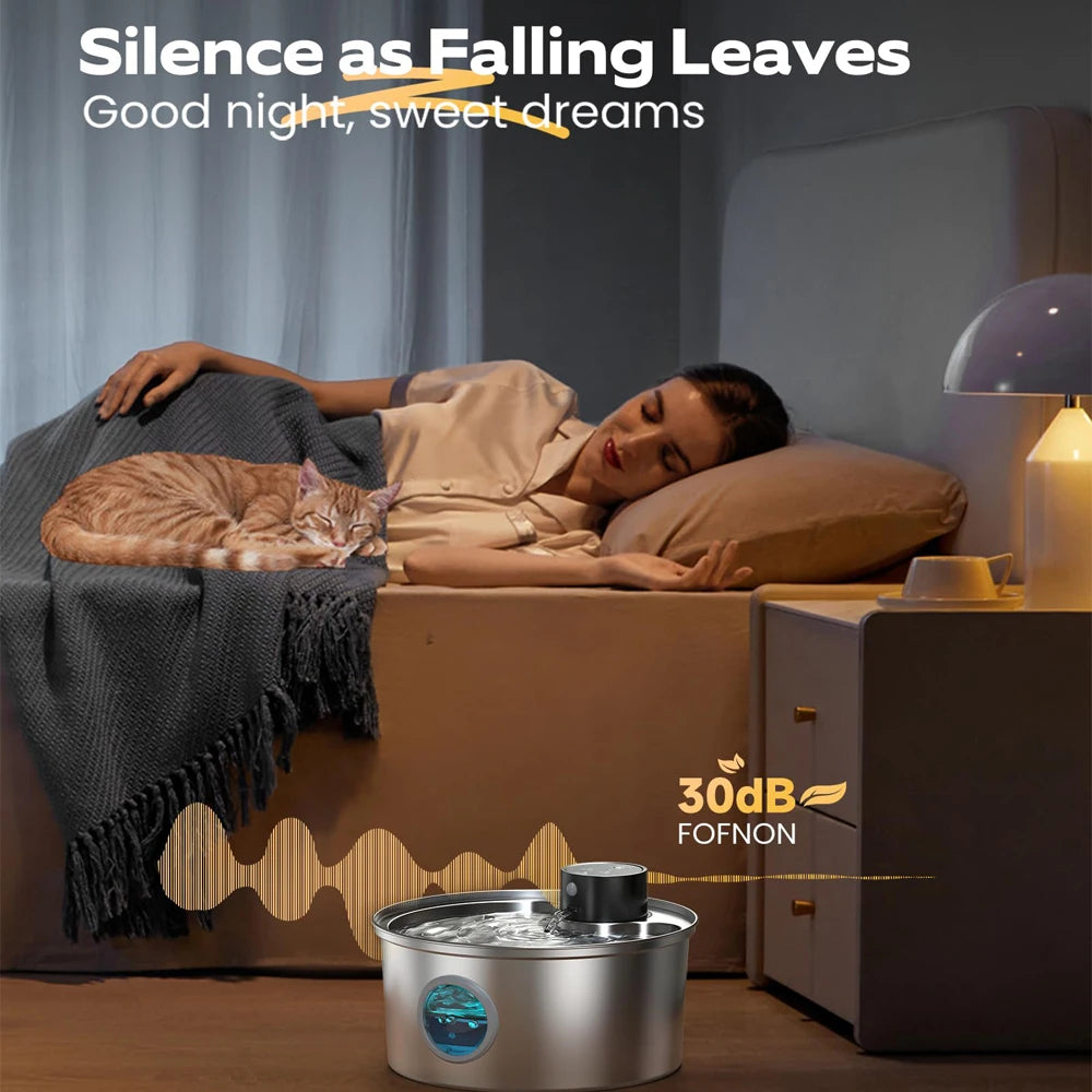 Quiet & Large Automatic Cat Water Dispenser with 3.2L Fountain | Stainless Steel & USB Rechargeable