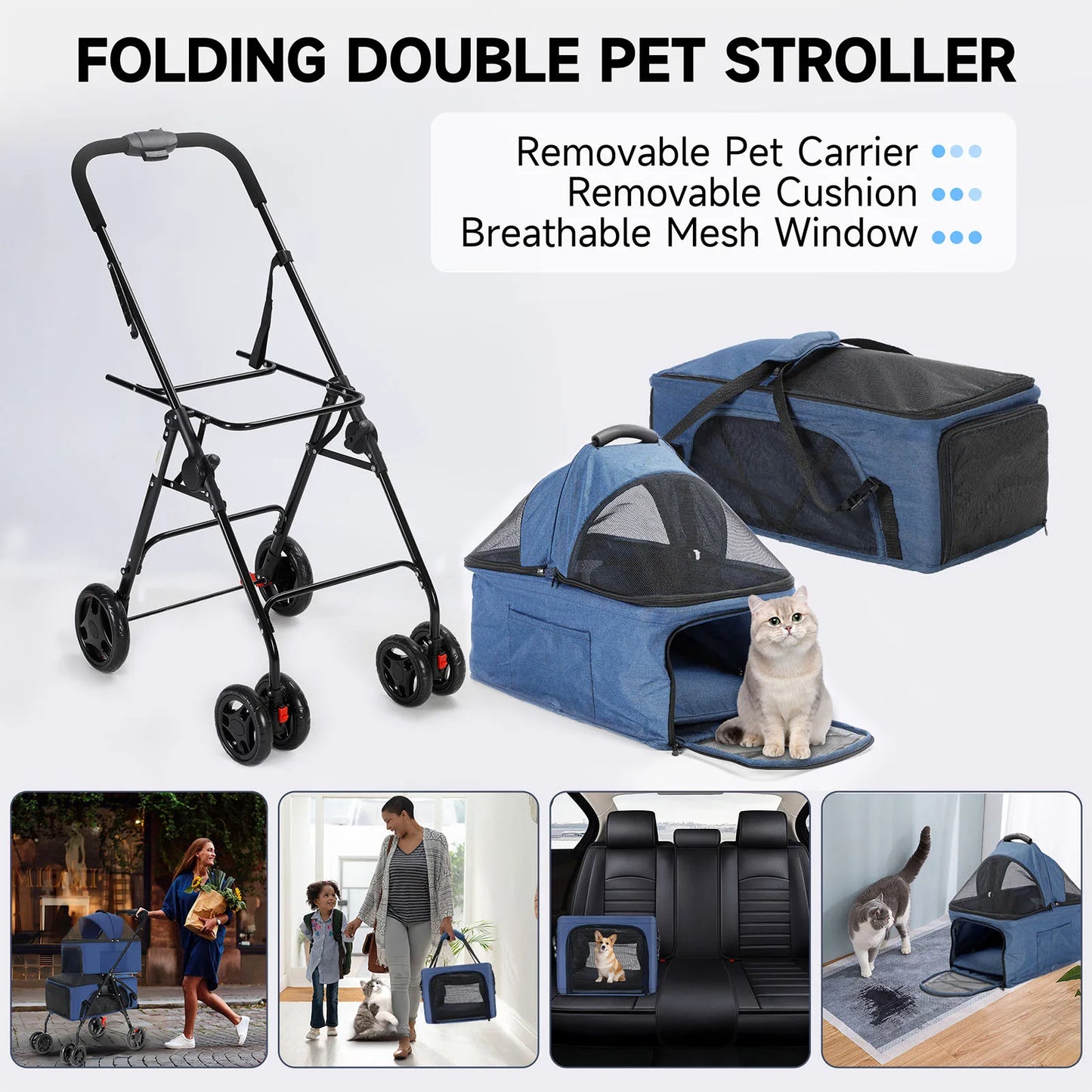 Detachable Double Basket Pet Stroller for Dogs & Cats with One-Touch Fold 4