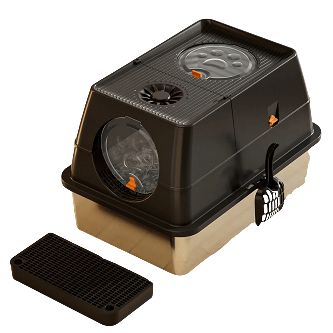 Fully Enclosed Cat Litter Box with Stainless Steel Tray & Easy-Flip Cover | Spill-Board & Scoop Included