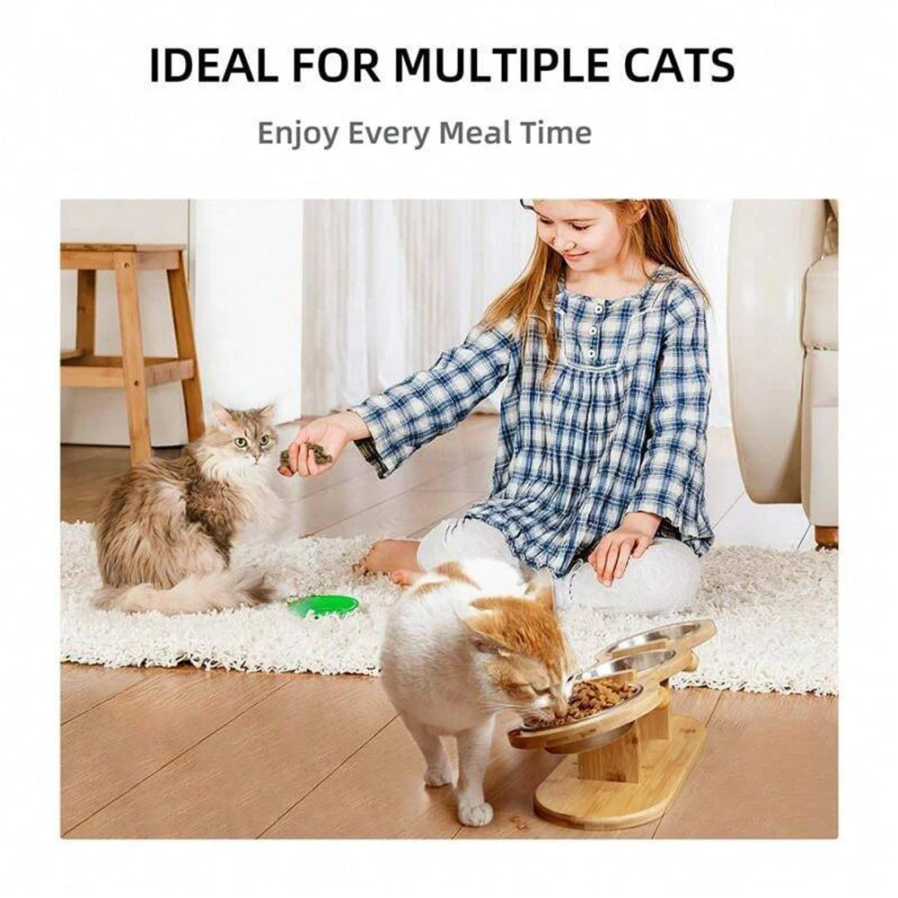 Wooden Tilted & Raised Cat Bowl Stand with 3 Stainless Steel Bowls 3