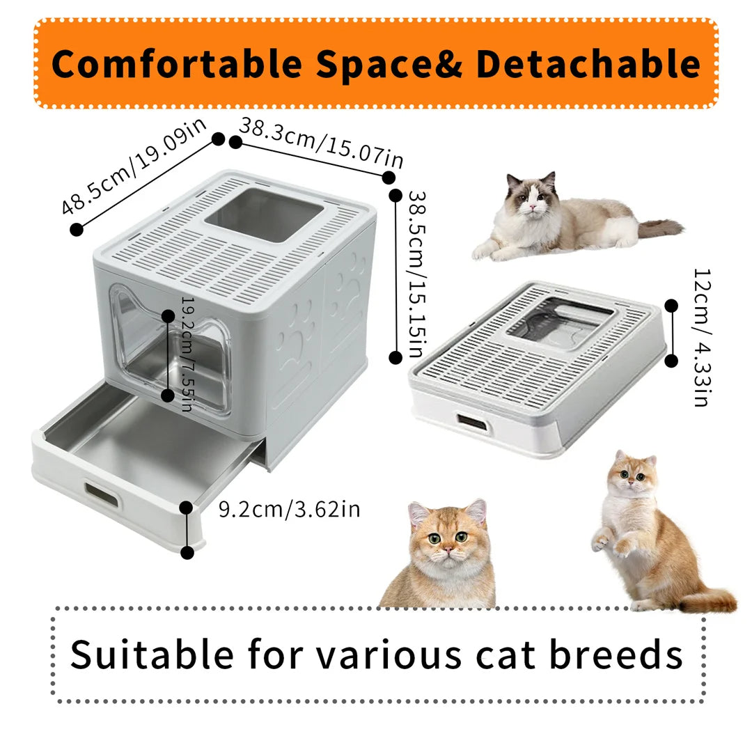 Enclosed Cat Litter Box with Stainless Steel Tray Drawer & Double Entry | Scoop Included 10