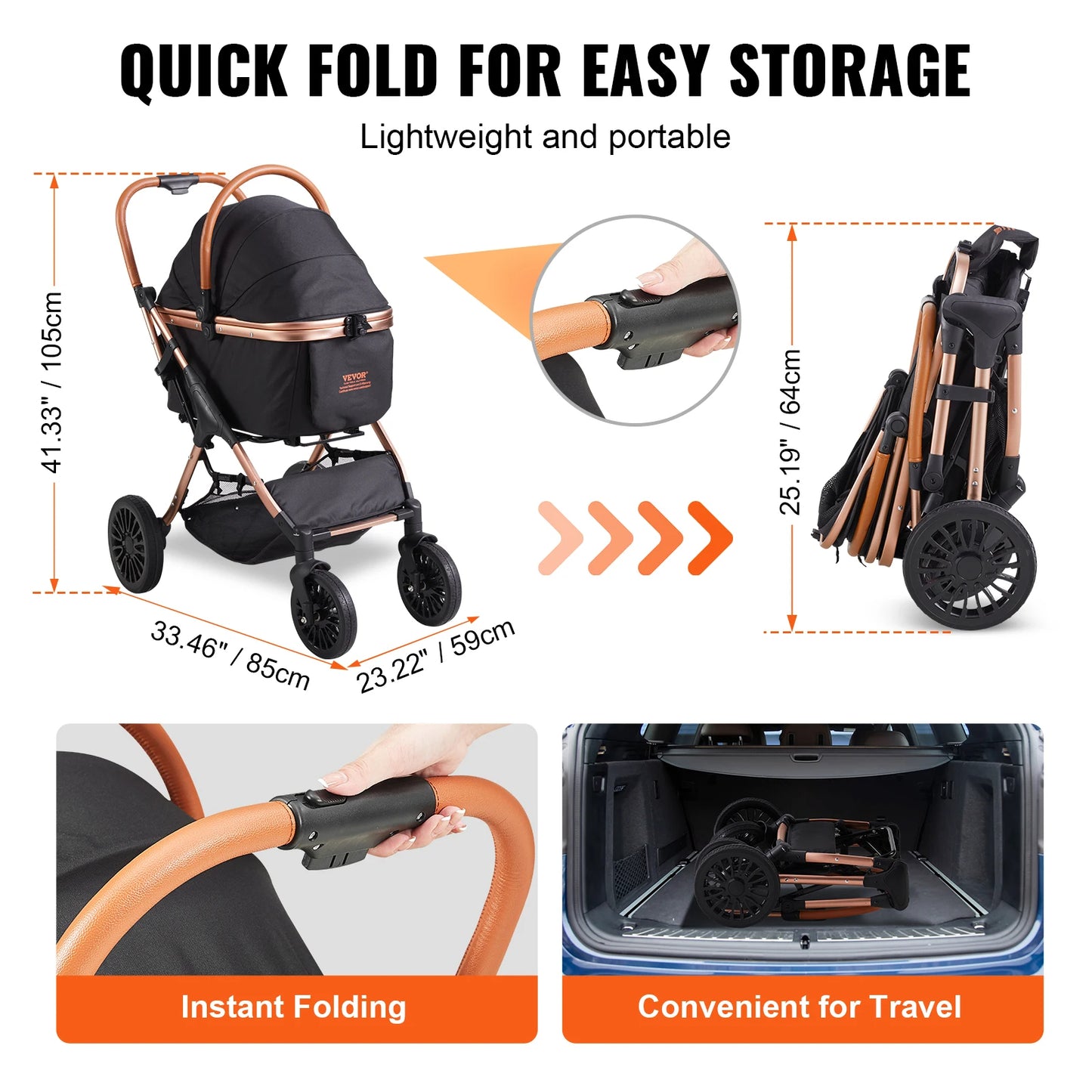 Easy-Fold Dog Stroller with Detachable Carry Basket for Small & Medium Sized Dogs 5