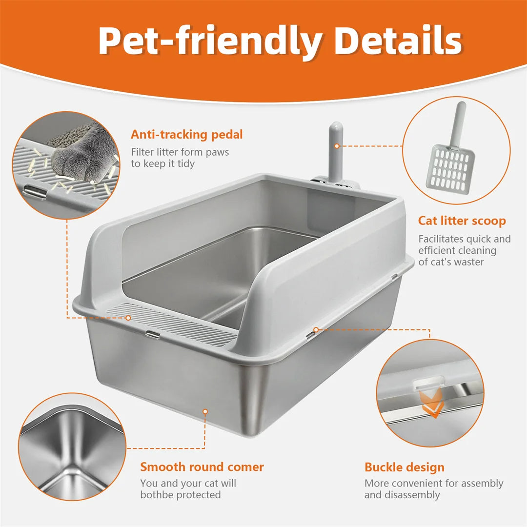 Semi-Enclosed Cat Litter Box with Stainless Steel Tray & Easy Entrance | Scoop Included 7